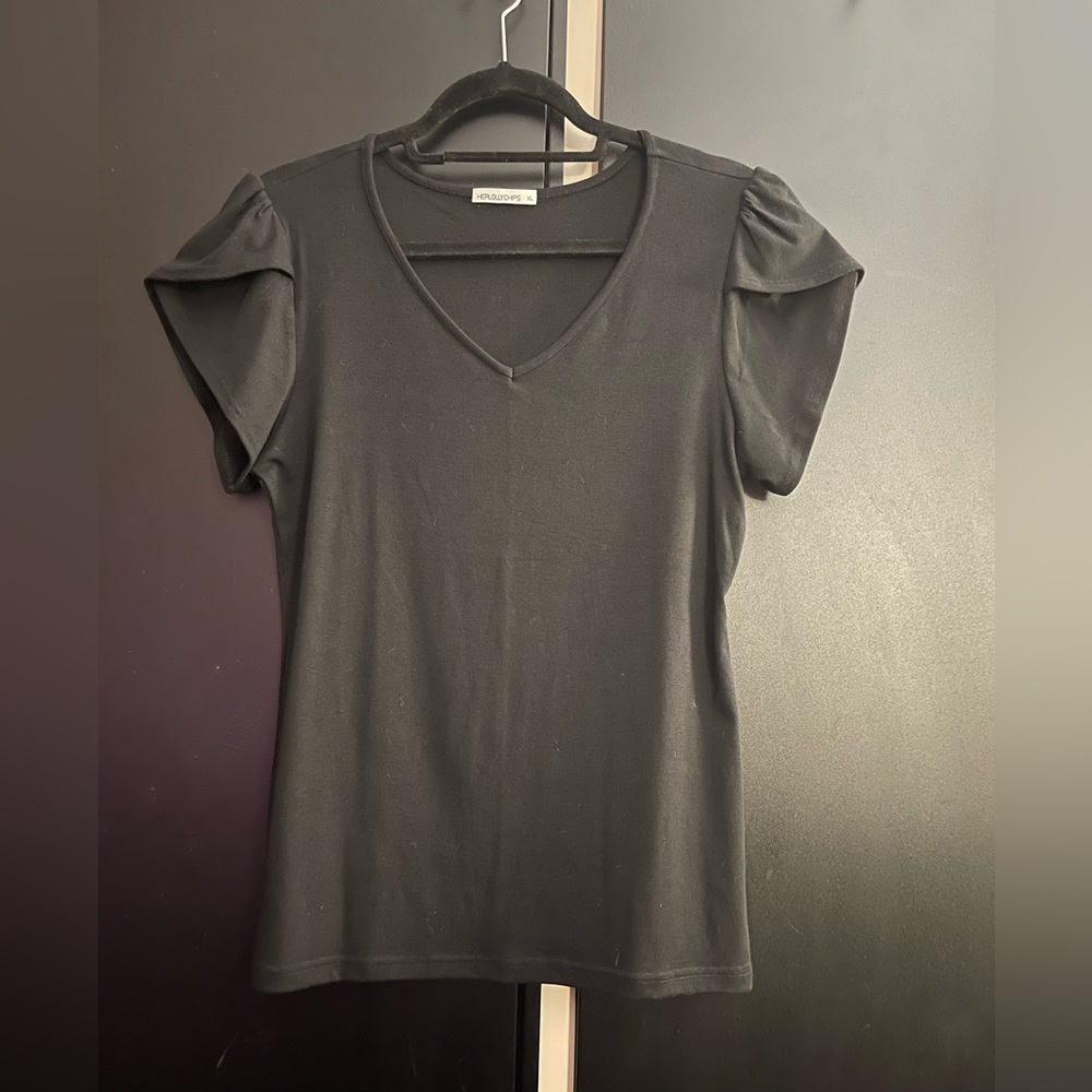 Black V Neck Short Sleeve Tee with Cute Layered Sleeve Detailing